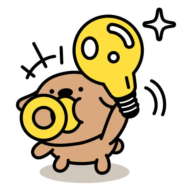 Vector illustration of A cute dog, sucking a pacifier, rearing up, and showing a big idea light bulb