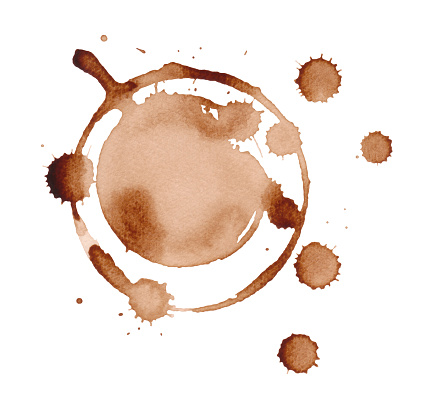 A large coffee stain on a white background, watercolor illustration, hand-drawn. An abstract brown stain, droplets of spray. The imprint of the cup. The coffee trail. A spilled drink. Round background.