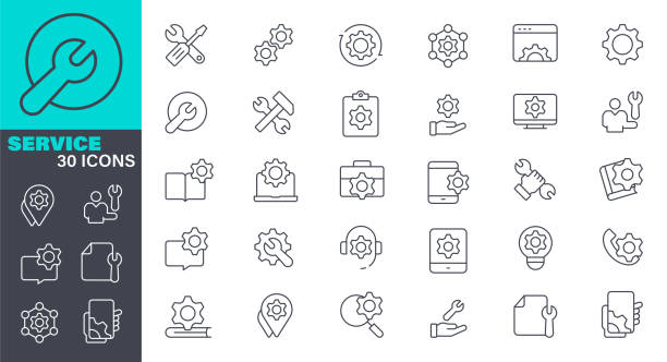Service line vector Icon set. Pixel perfect. Editable stroke. The set contains icons: Support, Call Center, Work Tool. stock illustration. con Symbol, Work Tool, Repairing, Technology Service line vector icon set. 30 linear icon. Pixel perfect. Editable outline stroke. The set contains icons: Icon Symbol, Work Tool, Repairing, Technology gears icon white stock illustrations