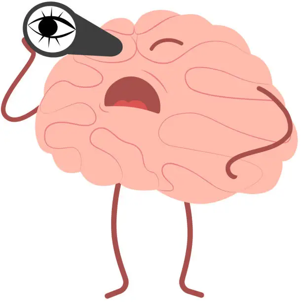 Vector illustration of Brain character looks through a viewing tube.