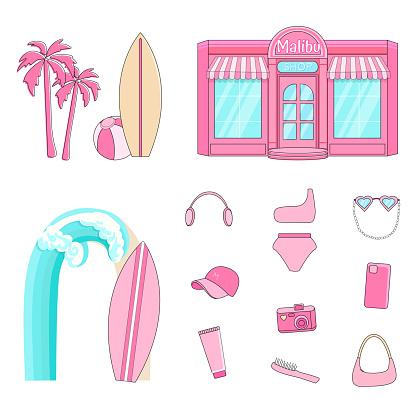 Pink Summer Beach Set, Doll Accessories, Malibu Beach Store and Palm tree. Trendy pink set.