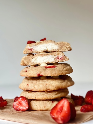 Strawberry cookies with white chocolate chips.