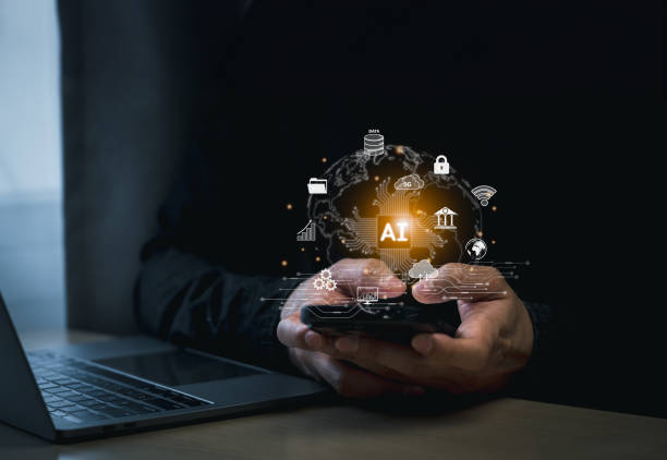 istock Businessman mobile and touch virtual digital Ai network chain. Digital transformation management, internet of things, smart Ai technology, IoT concepts of business icons smart Internet of Things. 2042619986
