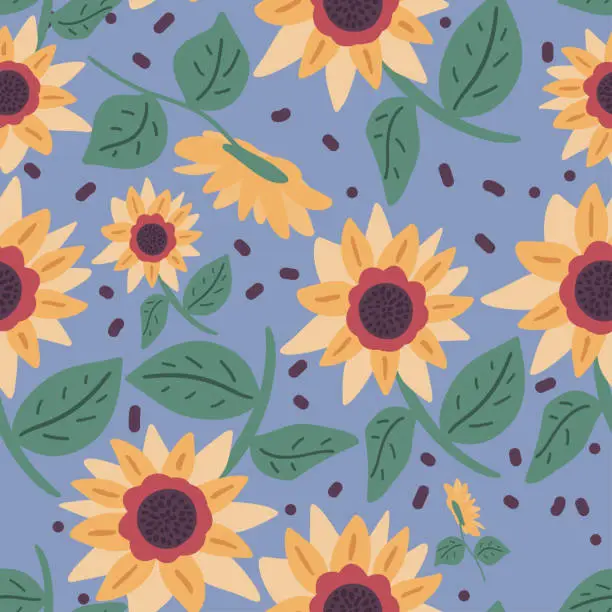 Vector illustration of Sunflowers flat design blue background seamless pattern