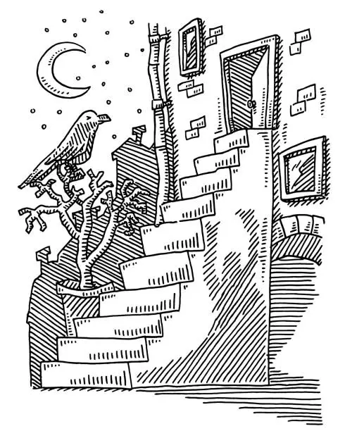 Vector illustration of Mystery Concept Stairs Human Shadow Drawing
