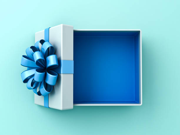 istock Blank open white gift box with blue bottom inside or top view of opened present box with blue ribbon and bow isolated on light blue pastel color or cyan background minimal concepts 3D rendering 2042647998