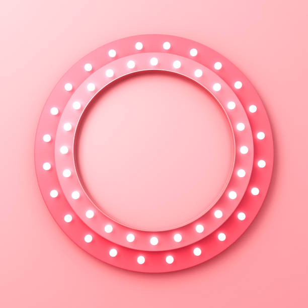 istock Pink retro round sign billboard with neon light bulbs frame isolated on pink orange pastel color wall background with shadow minimal concept 3D rendering 2042648010