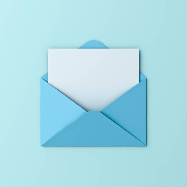 istock Blank white paper note card in blue envelope isolated on blue pastel color or cyan background with shadow love letter for him minimal conceptual 3D rendering 2042648011