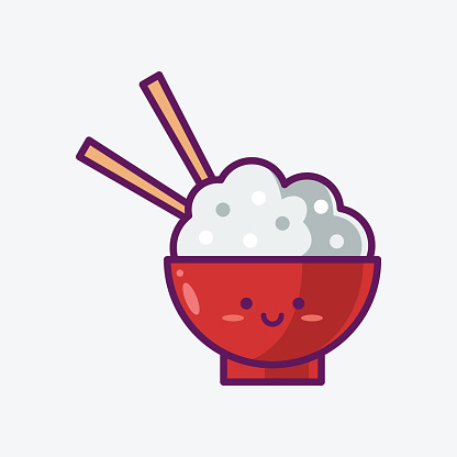 Illustration of Cute Rice Bowl Icon - Smiley Emoji Icon Set, Vector Cartoon Illustration.