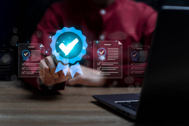 istock Quality control and certificate document management concept, Business Woman show top service icon quality Assurance and approve document, Quality Control of product, customer confidence, Best service 2042664347