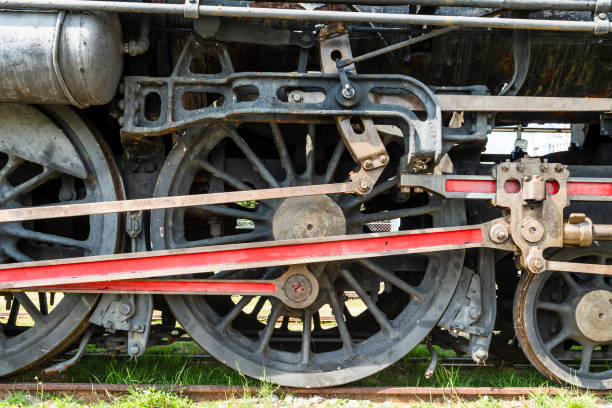 Close-up of old railway wheel and tyre. Old transportation concept.