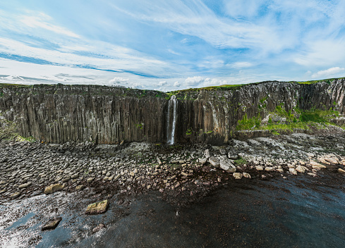 Drone view of Kilt Rock & Mealt Falls, Isle of Skye, Scotland