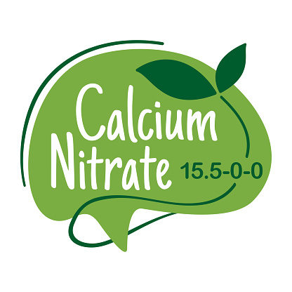 Calcium Nitrate catchy emblem - greenhouse and hydroponics fertilizer. Plant in hand with calligraphic text