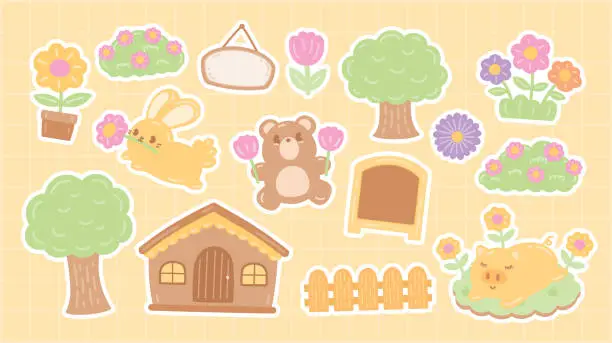 Vector illustration of kawaii cartoon set in cozy cottage and yard theme