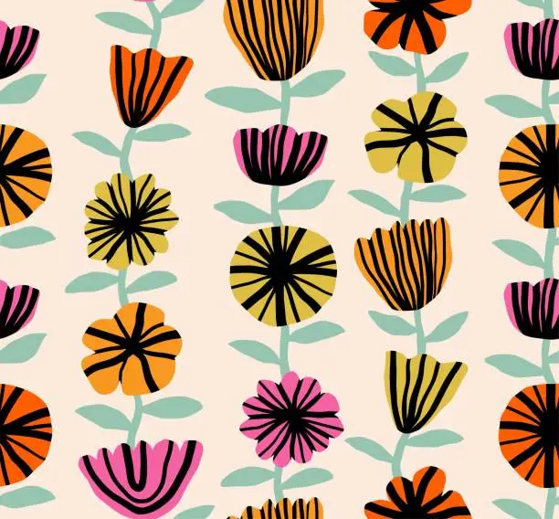 Vector illustration of Cute flowers drawing Seamless pattern. floral modern.  Hand drawn style.