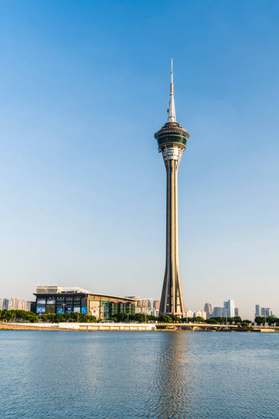 Macau- September 20, 2019: Beautiful view of Macau Tower and Sai Van Bridge crossing Praia Grande Bay (Nam Van) and connecting Taipa Island and Macau Peninsula. Amazing Macao skyline.