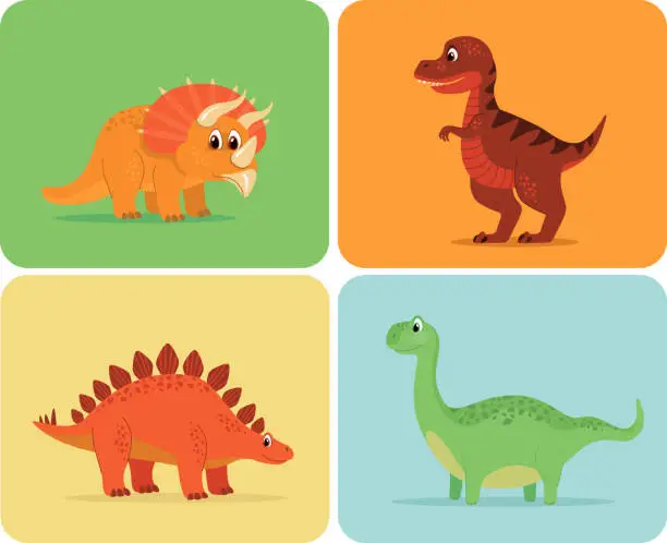 Vector illustration of set of cartoon style dinosaurs including T-rex, Brontosaurus, Triceratops, Stegosaurus