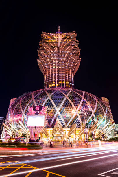 Macau- September 20, 2019: Night view of the Casino Lisboa building, it is one of the most famous hotel casinos in Macau, China.