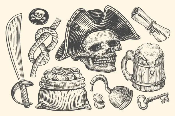 Vector illustration of Pirate concept, set of items. Hand drawn sketch vector illustration in engraving style