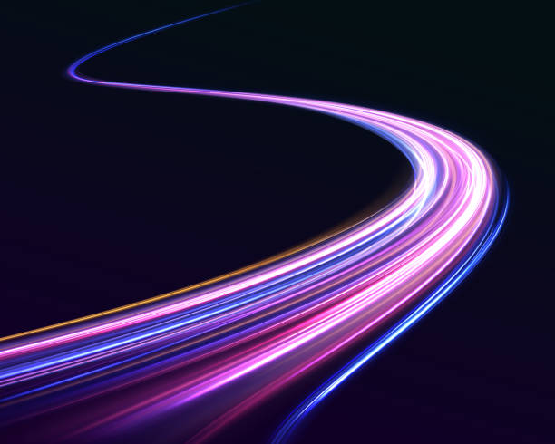 Light trail wave, fire path trace line, car lights, optic fiber and incandescence curve twirl. Vector glitter light fire flare trace. Speed of light in galaxy.