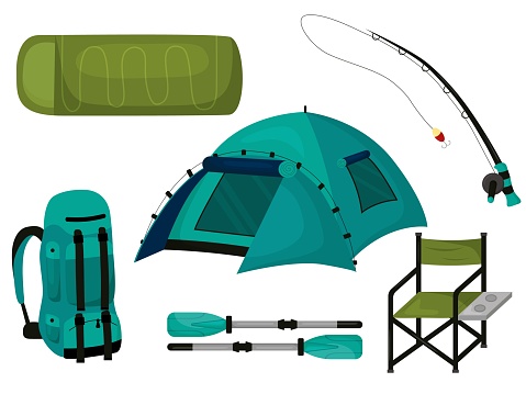 Camping hiking items set flat. Fishing set. Travel elements collection. Summer travel stuff. Tent, sleeping bag, camping chair, fishing rod, paddles, hiking backpack. Vector illustration