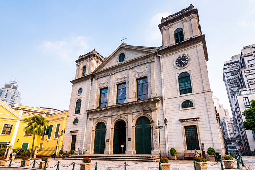 Macau- September 18, 2019: Largo da sé in Macau with Cathedral of the Nativity of Our Lady and Bishop's House in  Macau, The place is part of the UNESCO World Heritage.