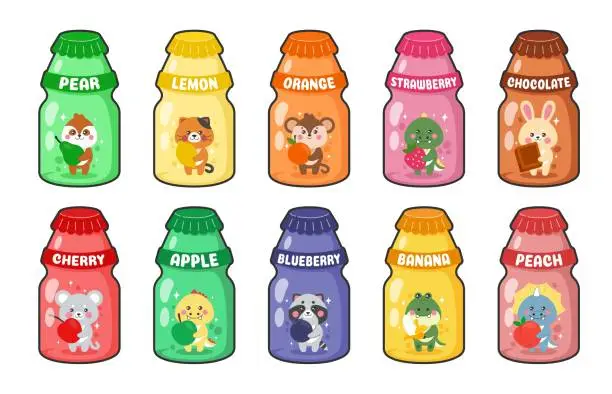 Vector illustration of Kawaii drinks. Sweet Japanese food stickers. Cute animals with orange and strawberry. Asian beverage tastes. Chocolate milk. Cartoon tidy characters. Vector fruit juice bottles set