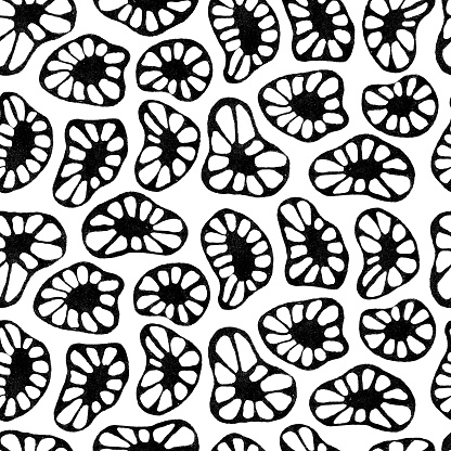Black and white abstract lino cut seamless pattern design. Flowers, spots, cells