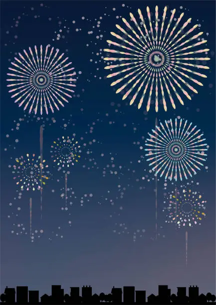 Vector illustration of Fireworks in the night sky, silhouette of the city below / illustration material (vector illustration)