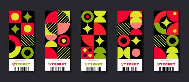 Vector illustration of Bauhaus tickets. Geometric pattern backgrounds set. Greeting and invitation design. Abstract minimal flat colorful shapes. Retro poster or banner. Modernism pattern. Vector cover graphic