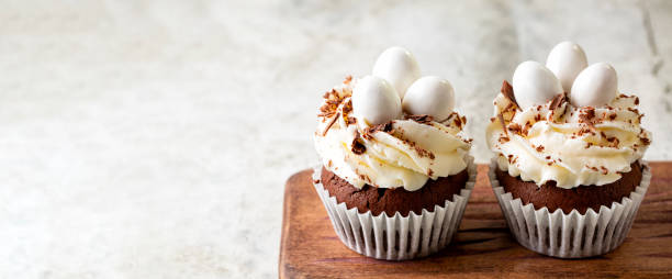 istock Easter Holiday background, card with copy space for your text. Chocolate cupcakes, sweet candy eggs and cream cheese nest. Homemade cake dessert. 2042720608