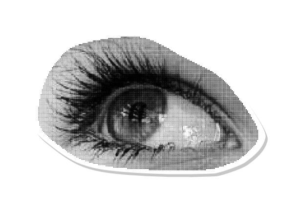 istock Halftone dotted eye sticker for trendy y2k retro collage. Vector textured female look up 2042720617