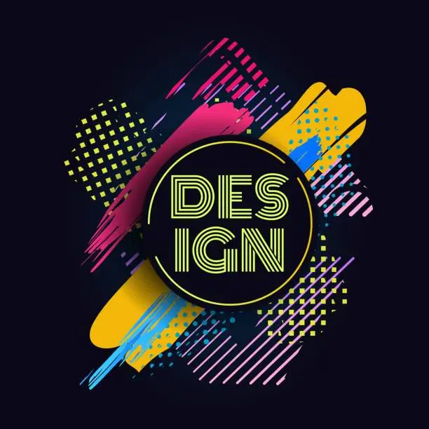 Vector illustration of Neon frame. Abstract label or emblem design. Paint splashes, and halftone dots. Creative brush stroke. Round border. Poster or banner template with copy space for text. Vector illustration