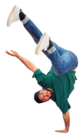 breakdancer guy performing inverted freeze technique on transparent background
