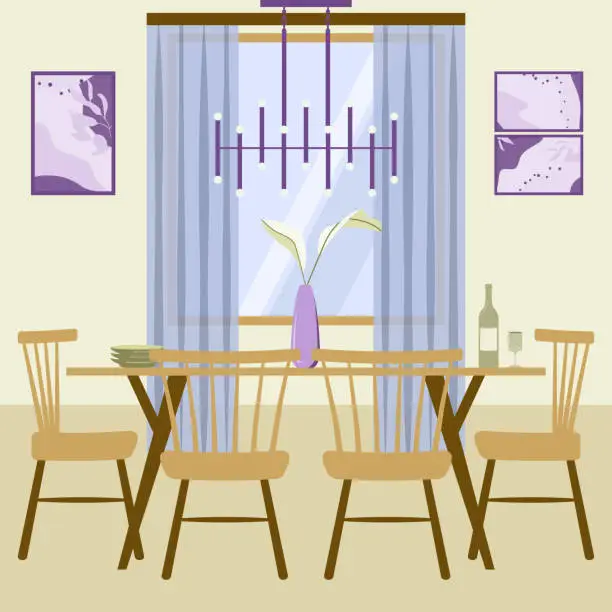 Vector illustration of Mid century style dining room interior in brown and purple with dining table and chairs