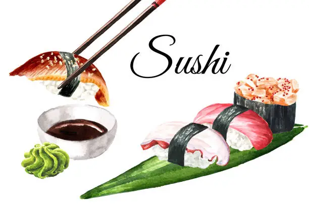 Vector illustration of Gunkan Maki Sushi and Nigiri Set. Hand drawn watercolor illustration  isolated on white background