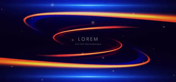 Vector illustration of Abstract futuristic curved glowing neon blue and orange light ray on dark blue background with lighting effect.