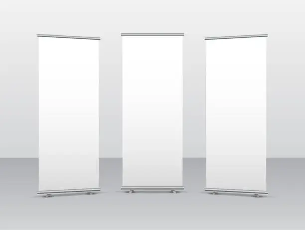 Vector illustration of Roll up display stand screen white poster template. Blank stand roll-up banner