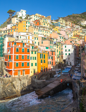 Riomaggiore town with mountain, Cinque Terre, Italy