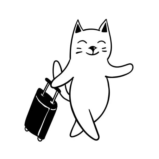 Vector illustration of Traveler cat with suitcase black outline on white