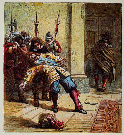 Vintage illustration of Assassination of George Villiers, 1st Duke of Buckingham, 17th Century English History.