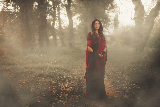 Sorcière dans une robe rouge debout dans la forêt brumeuse - Photo