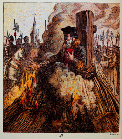 Vintage illustration of Oxford Martyrs, Thomas Cranmer Archbishop of Canterbury, Burned at the Stake, Tudor, English History. 1555