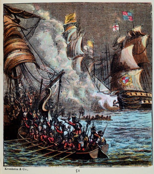Spanish Armada a Spanish fleet that attempted to invade England, 1588, Tudor, Elizabethan era, English History. Vintage illustration of Spanish Armada a Spanish fleet that attempted to invade England, 1588, Tudor, Elizabethan era, English History. spanish soldier stock illustrations