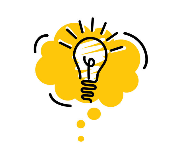 Bright yellow speech bubbles with icons light bulb. Concept ideas or insight. Isolated on white background. Hand drawn doodle. Vector illustration.