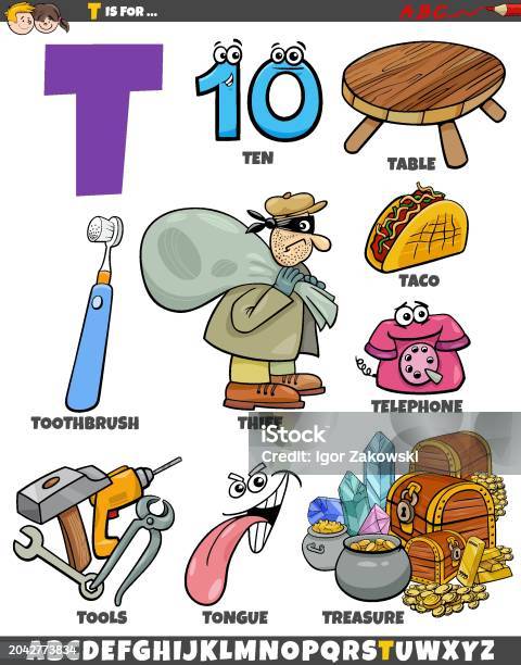 Objects From T Letter T Set With Cartoon Objects And Characters Stock Illustration ...