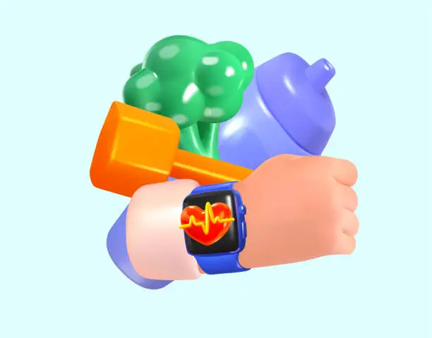 Vector illustration of Smart watch on hand, sports bottle, broccoli and dumbbell. 3D. The concept of a sports lifestyle, nutrition and training. Vector illustration