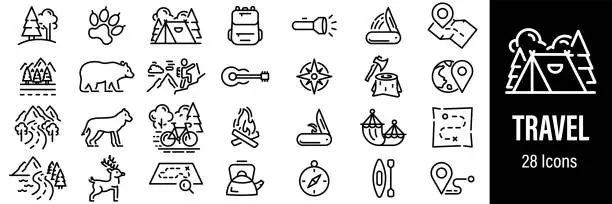 Vector illustration of Travel Web Icons. Hiking Camping, Wild Nature, Hunting, Tent, Road Trip. Vector in Line Style Icons