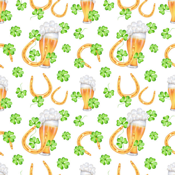 ilustrações de stock, clip art, desenhos animados e ícones de seamless pattern with a glass of beer with a golden horseshoe and clover petals for st. patrick's day.watercolor illustration.hand drawn isolated background.symbol of good luck, wealth or success - horseshoe gold luck success