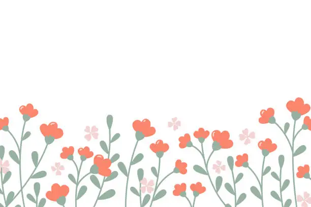 Vector illustration of Horizontal white banner with flowers along the bottom edge. Spring botanical flat vector illustration on white background